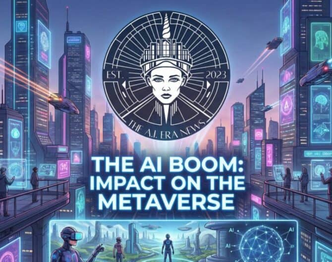 Futuristic cityscape with AI and metaverse technology, digital screens, and diverse characters.