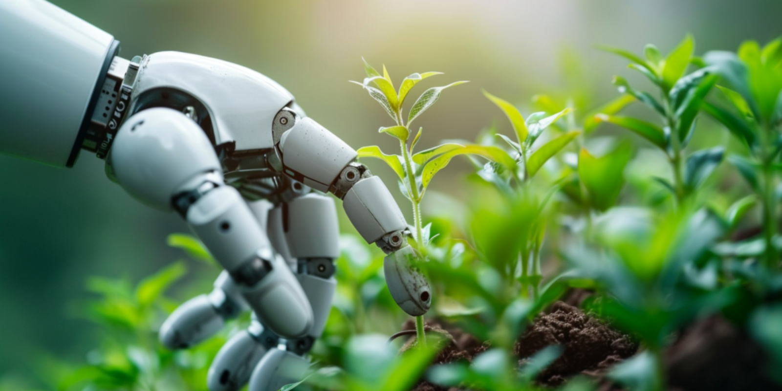 The environmental impact of AI on the environment represented on a picture by the hand of a white robot touching a green plant sprout