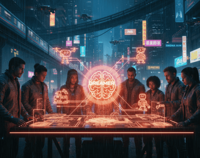 Group of diverse professionals collaborating on AI technology in a futuristic cityscape.