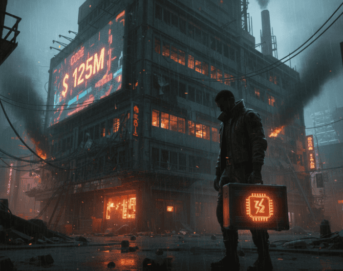 Futuristic city scene with a person holding a briefcase in a cyberpunk environment.