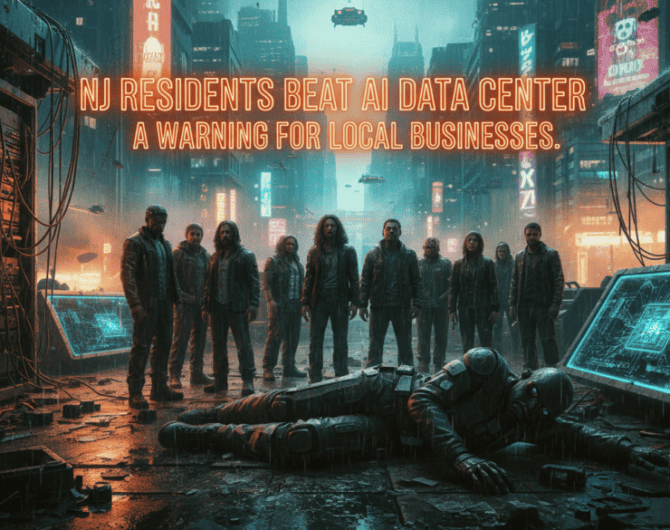 Group of people confronting a futuristic AI data center in a cyberpunk cityscape.