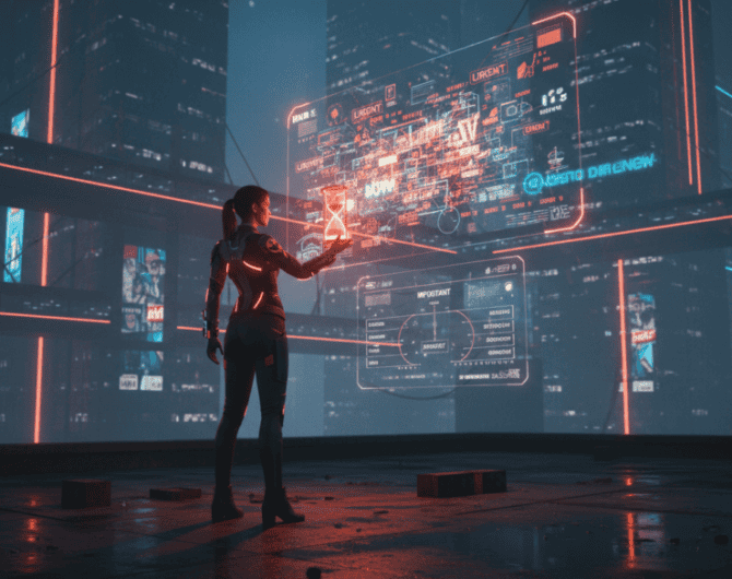 Woman interacting with holographic AI interface in a high-tech urban environment.