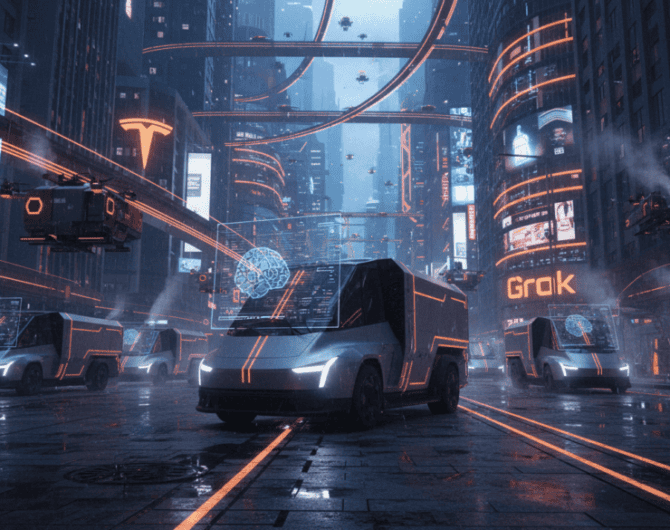 Autonomous Grok AI vehicles operating in a high-tech urban environment.