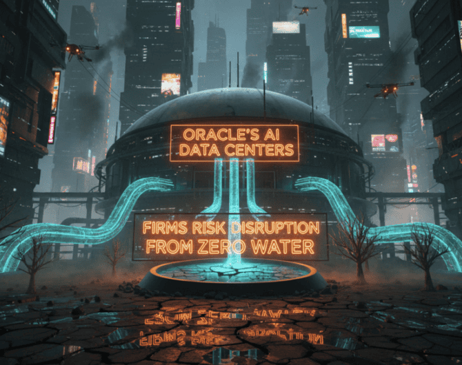 Futuristic AI data center with water pipelines and cityscape background, highlighting water risk iss.