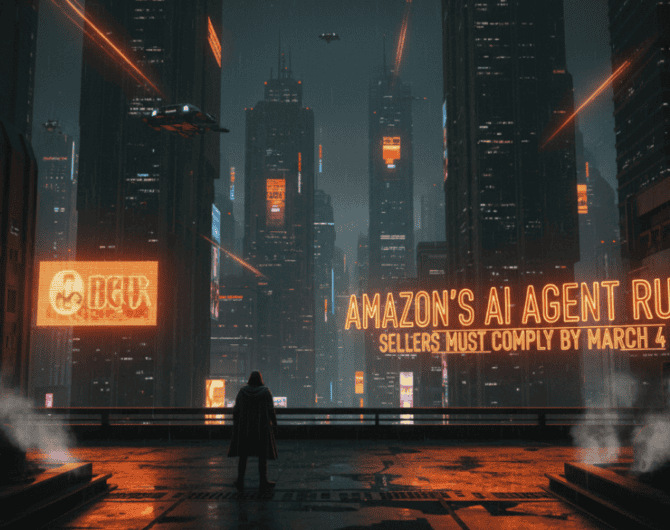 Digital cityscape with neon sign about Amazon's AI agent rules for sellers.