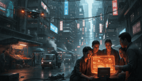 Group of professionals analyzing AI data for grocery supply chain optimization in a futuristic citys.