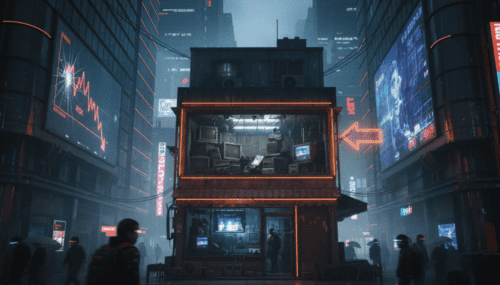 AI-driven urban environment with digital screens and neon lights in a cyberpunk style.