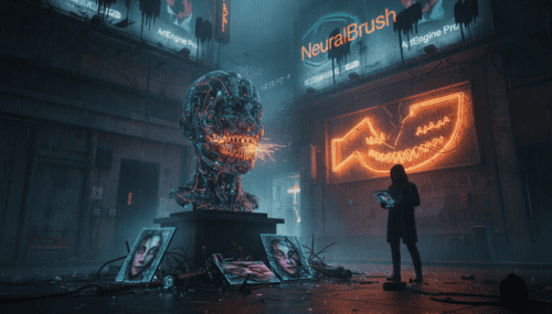 Futuristic AI art display with digital skull and neon signs in a dark gallery.