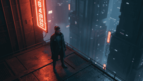 AI-powered cityscape with a person overlooking futuristic skyscrapers at night.