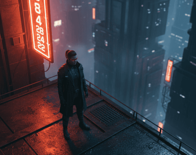 AI-powered cityscape with a person overlooking futuristic skyscrapers at night.