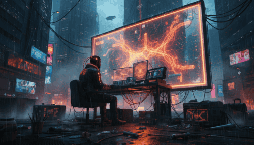 Cybersecurity analyst working on AI-driven cyber threats in a neon-lit cityscape.