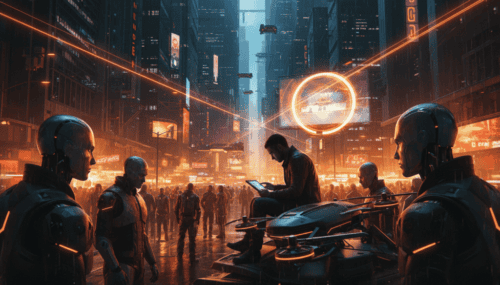 Futuristic city scene with AI robots and digital technology in a neon-lit urban environment.