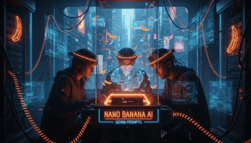 Two women using VR headsets in a high-tech digital environment with holograms and neon lights.