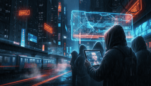 People using smartphones in a futuristic city with digital holograms and neon lights.