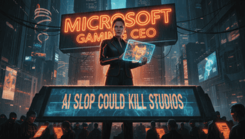 Female executive holding a holographic display in front of a neon-lit Microsoft Gaming sign.