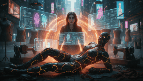Futuristic AI fashion design with holograms and robots in a high-tech studio.
