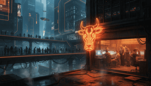 Neon-lit city scene featuring a prominent cow head sign amid towering skyscrapers and digital infras.