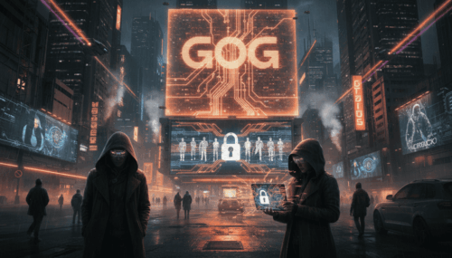 Futuristic scene with hackers and digital lock in a city at night.