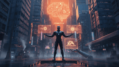 Futuristic cityscape with AI-powered digital brain and Electronic Arts branding.