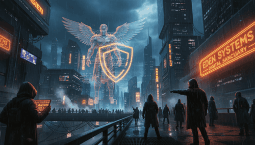 AI guardian with wings and shield in a futuristic cityscape at night.