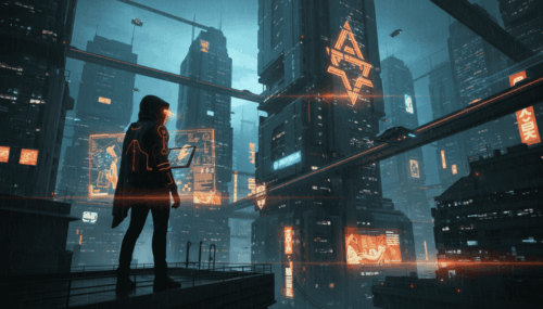 Futuristic cityscape with AI technology and digital interfaces.