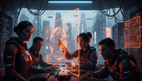 AI researchers analyze futuristic data and holograms in a secure, advanced control room.