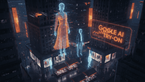 Digital holograms of a woman and child with "Google AI Try-On" sign in cityscape.