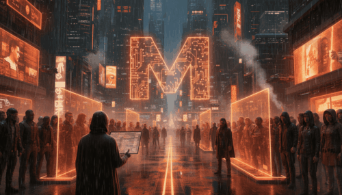 AI-powered city with holographic displays and digital billboards in a neon-lit urban environment.