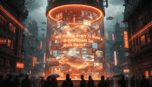 Futuristic city scene with digital screens and neon lights, highlighting AI model integration.