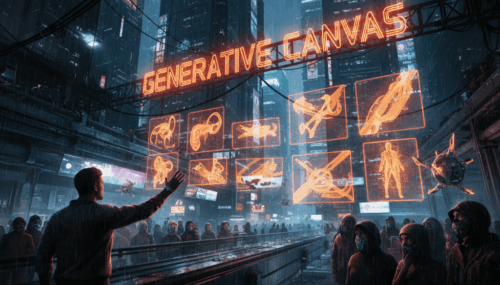 Interactive display of AI-generated art and design concepts at a tech event.