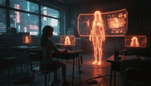 AI hologram of a female teacher in a high-tech classroom setting.