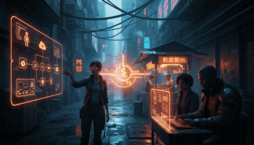 AI-driven digital interfaces in a futuristic city scene.