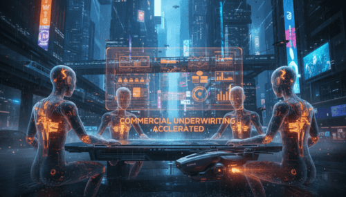 AI cityscape with holographic agents enhancing commercial underwriting efficiency.