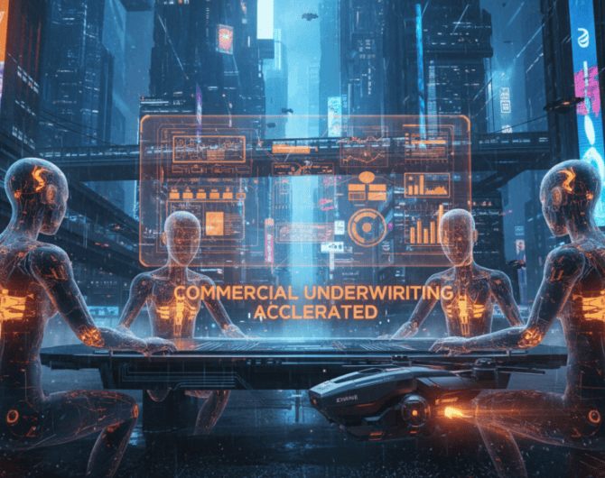 AI cityscape with holographic agents enhancing commercial underwriting efficiency.