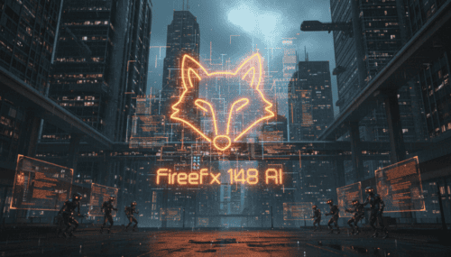 Neon fox logo representing Firefox 148 AI controls in a futuristic cityscape.