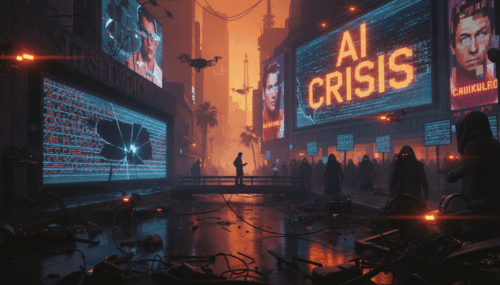 Hollywood faces an AI crisis with digital billboards and surveillance in a dystopian cityscape.