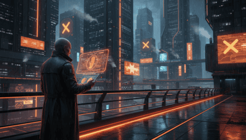 Futuristic cityscape with AI technology and digital data displays.