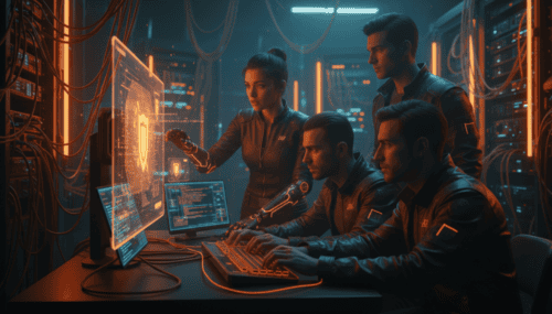 Small cybersecurity team analyzing AI systems to detect distillation attacks in a high-tech lab.