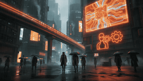 AI in cityscape with digital icons and neon lights, highlighting technology in urban settings.