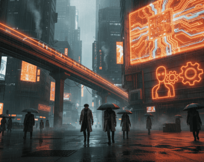 AI in cityscape with digital icons and neon lights, highlighting technology in urban settings.