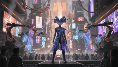 AI-driven fashion design showcased with robotic arms and digital screens in a futuristic urban setti.