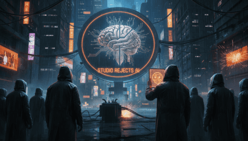 Futuristic scene with hackers and AI brain in a cyber cityscape.