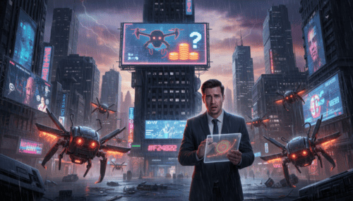 Futuristic cityscape with AI drones and digital warning signs highlighting cybersecurity risks.