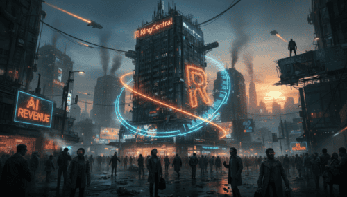 Futuristic cityscape with digital AI and revenue signs at dusk.