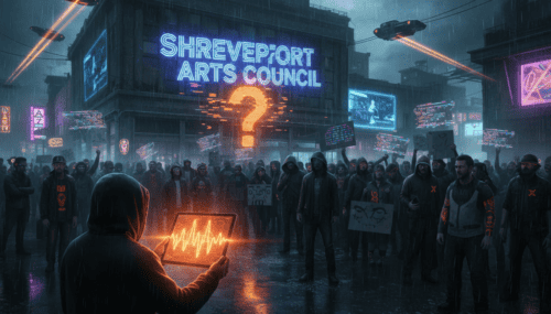 Crowd protesting AI impact at Shreveport Arts Council event.