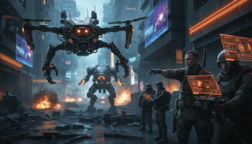 AI-powered military drones and robots in a war-torn city environment.