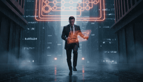 Businessman using futuristic AI interface in a digital cityscape.