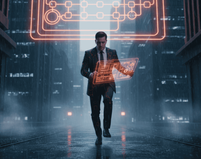Businessman using futuristic AI interface in a digital cityscape.