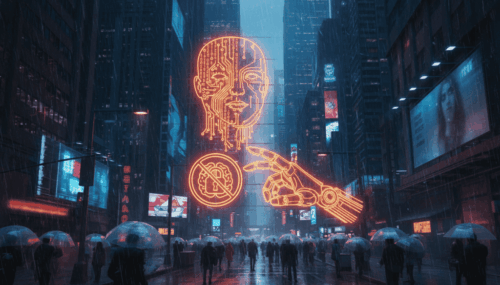 AI neural network illustration with digital city background.