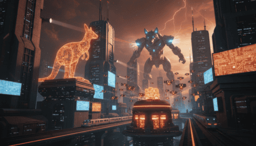 Futuristic city with AI robots and digital holograms amid lightning storms.